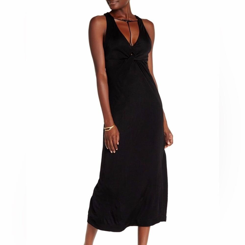 Free People Sin City Black Twist Front Stretch Side Slit Midi Dress Size Small
